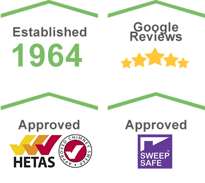 Established 1964 highly reviewed company. Hetas Approved Chimney Sweep, Hetas Approved installer, Sweep Safe Approved